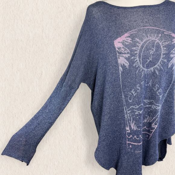 Hollister Sheer Knit Oversized Sweater XS/S Navy Blue Boho Moon Graphic Coastal - Picture 4 of 8